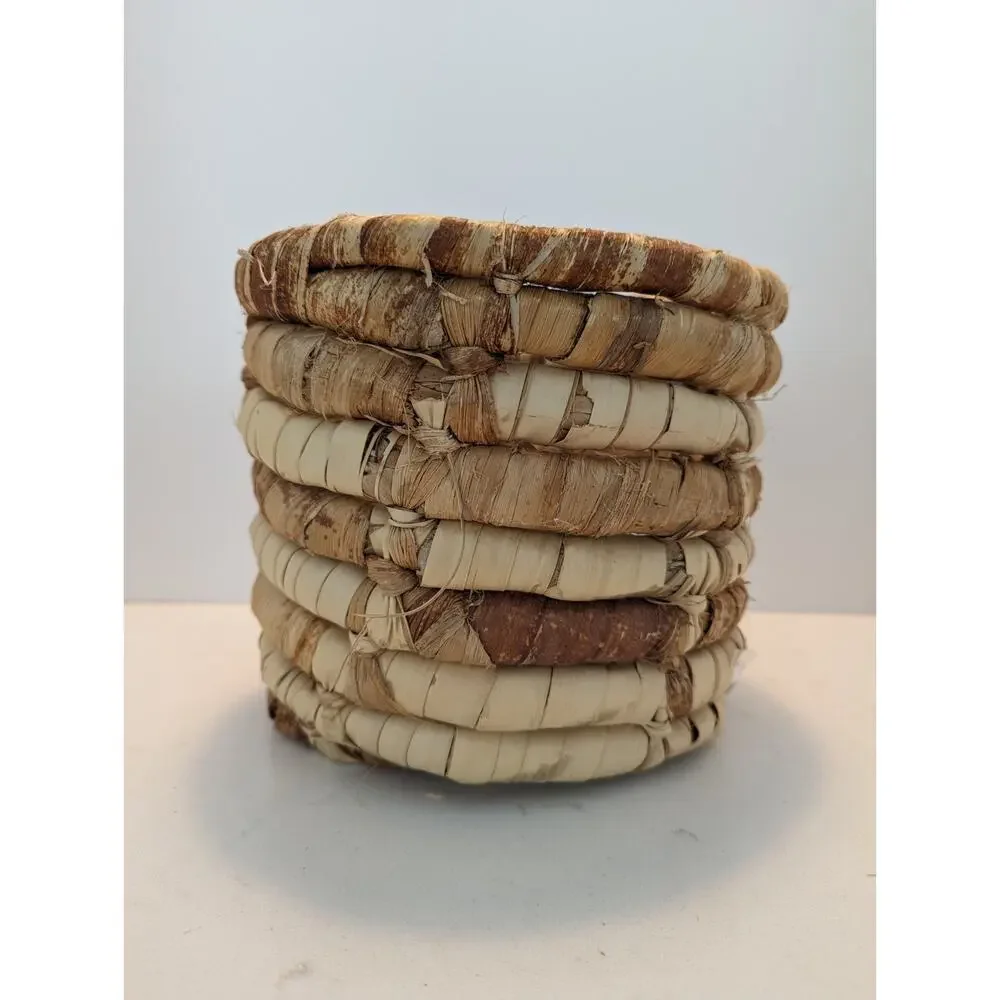 Vtg Chunky Woven Coiled Maize Corn Husk Planter Basket Handmade Earthy Boho